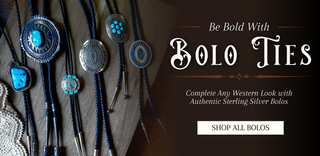 A promotional banner for sterling silver bolo ties, featuring several silver-toned bolo ties with turquoise and silver conchos on the left, and white text on a dark brown background reading 'Be Bold With BOLO TIES' and 'SHOP ALL BOLOS'.