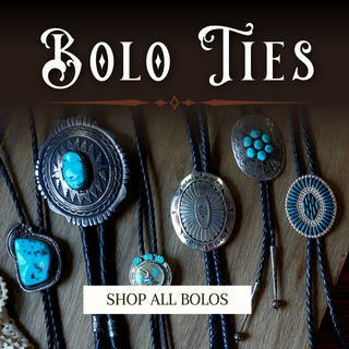 A promotional graphic for Bolo Ties featuring multiple western-style bolo ties with silver-toned engraved metal conchos and turquoise stones, arranged on a wooden surface under the text 'BOLO TIES' and 'SHOP ALL BOLOS'.