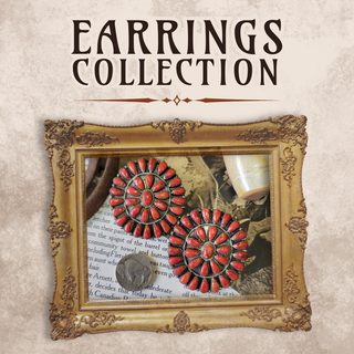 Red floral earrings displayed in an ornate gold frame on a textured surface with 'Earrings Collection' text.