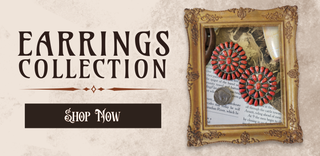 Advertisement for earrings collection with ornate frame and text on a textured background