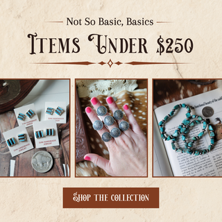 Promotional collage for handmade jewelry items under $250, featuring three product photos: turquoise and silver earrings on display cards, a hand wearing a ring with large silver oval stones, and a turquoise beaded necklace on an open book. Text at the top reads 'Not So Basic, Basics Items Under $250' and a banner at the bottom says 'Shop the Collection'.