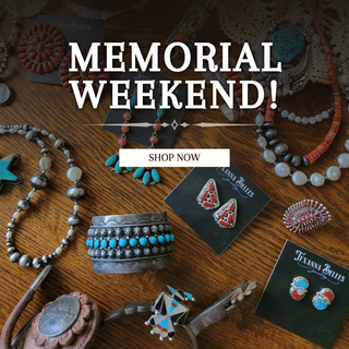 Jewelry on a wooden surface with 'Memorial Weekend! Shop Now' text overlay.