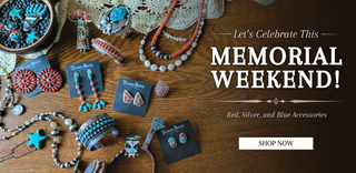 Jewelry set with red, silver, and blue accessories on a wooden surface, promotional text for Memorial Weekend sale.