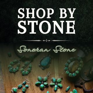Jewelry with turquoise stones on a wooden surface, featuring 'Sonoran Stone' branding.