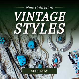 Vintage-style jewelry with turquoise stones on a textured surface, promotional text for a new collection.