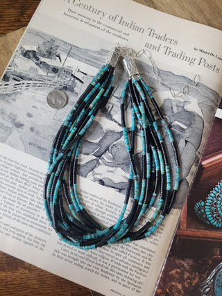 The Jamee 10 Strand Heishi Necklace - Onyx & Turquoise