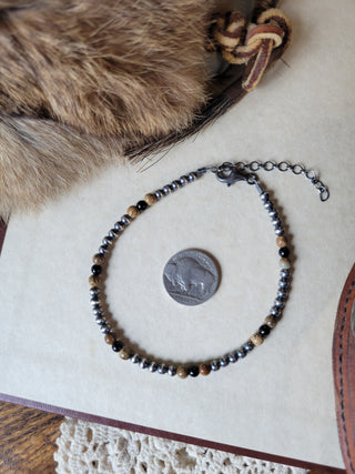 4mm Silver Pearl Anklet - Onyx & Jasper
