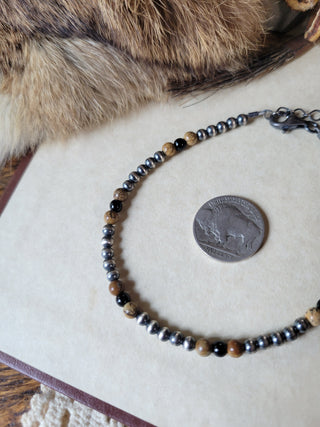 4mm Silver Pearl Anklet - Onyx & Jasper