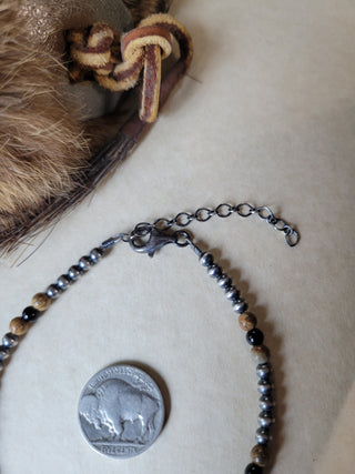 4mm Silver Pearl Anklet - Onyx & Jasper